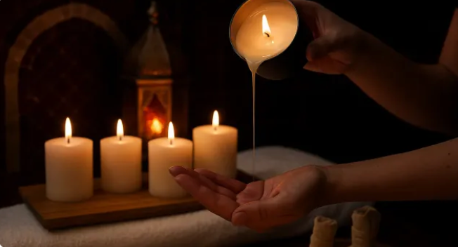 Bougie de massage qui coule dans une main