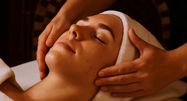 Femme avec une serviette sur la tête qui reçoit un massage du visage